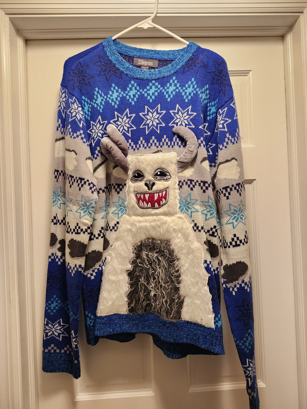 Blue Novelty Holiday Sweater with Plush Monster Motif